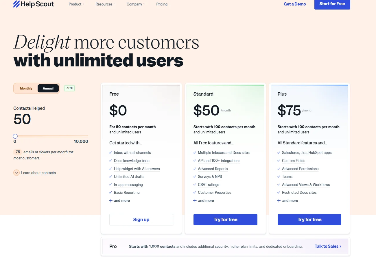 Help Scout pricing page with Free, Standard at $50, Plus at $75 and Pro plans
