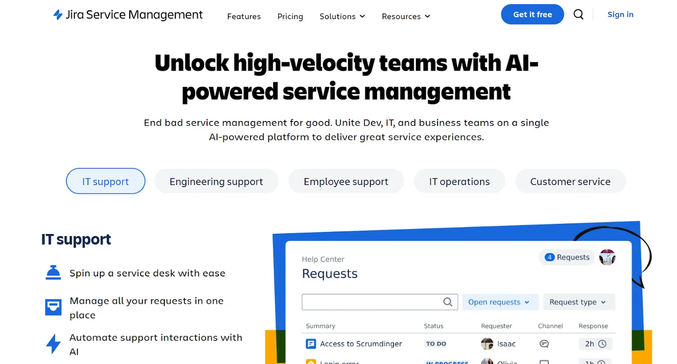 Jira Service Management homepage headline about AI-powered service management, with a help center requests view