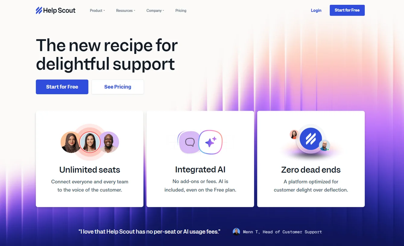 Help Scout homepage headline The new recipe for delightful support, with cards for unlimited seats, AI and zero dead ends