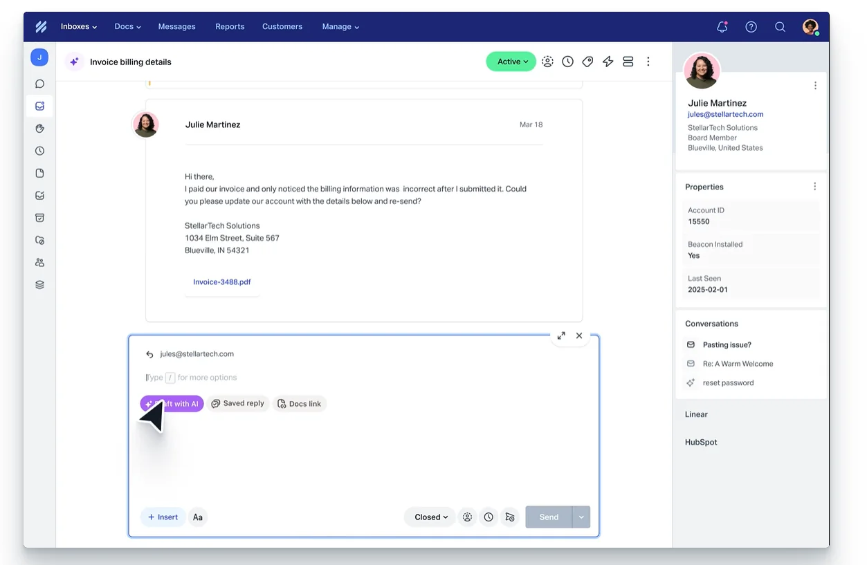 Help Scout inbox with a billing email from a customer and an AI Draft with AI reply option open