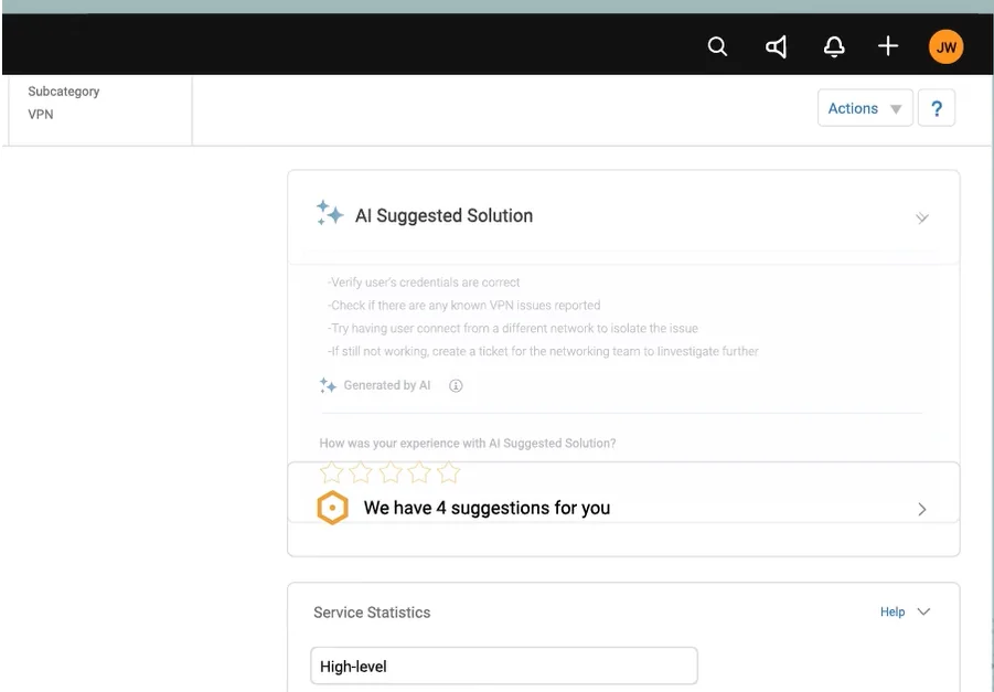 Service ticket screen with an AI Suggested Solution panel listing VPN troubleshooting steps and a suggestions prompt