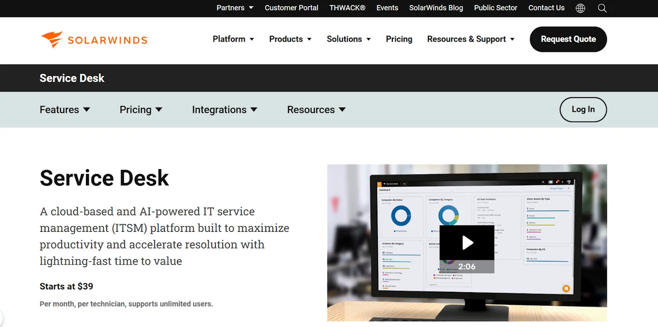 SolarWinds Service Desk product page with an ITSM description, starting price and a video preview of a dashboard