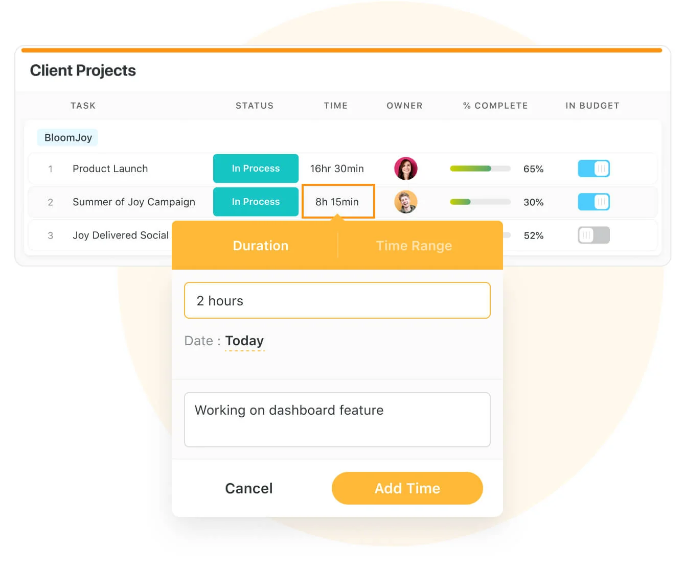 SmartSuite Client Projects table with a time tracking popup for adding 2 hours of logged time to a task