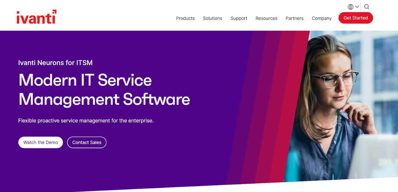 Ivanti Neurons for ITSM page headline Modern IT Service Management Software with Watch the Demo and Contact Sales buttons