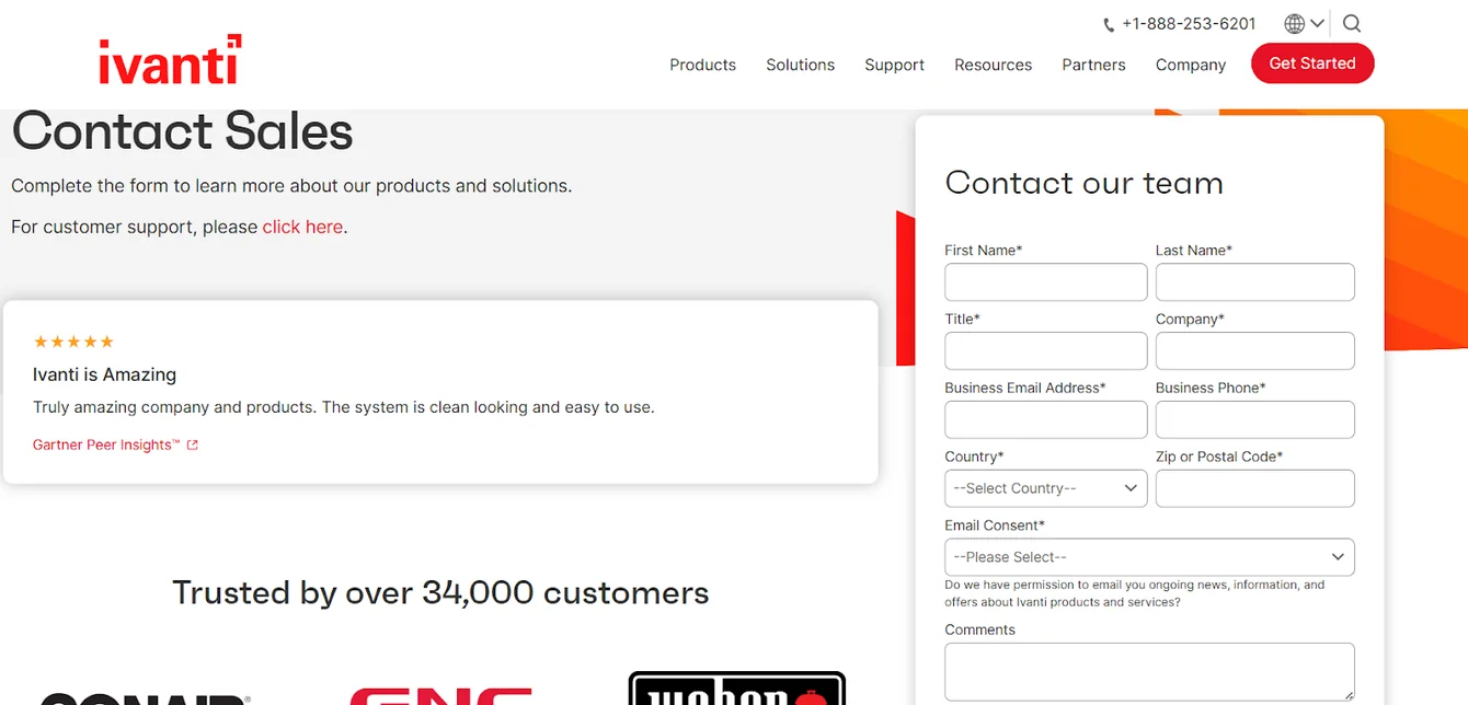 Ivanti Contact Sales page with a five-star review quote, a customer count claim and a contact form