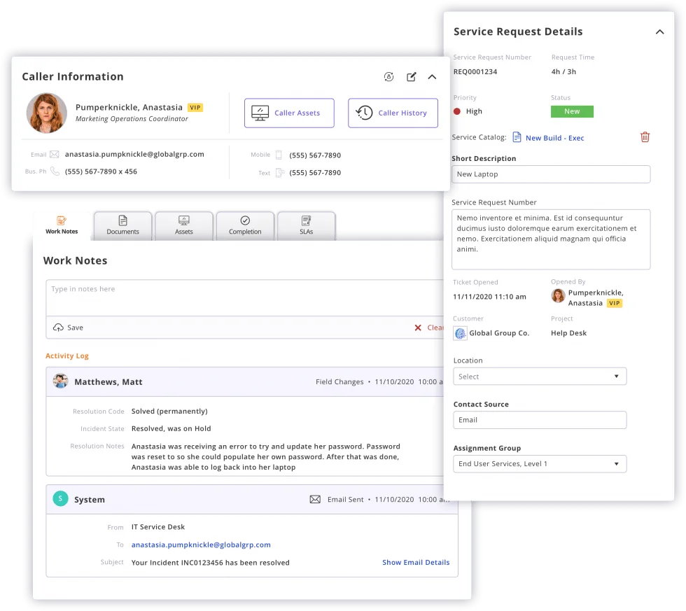 IT service desk ticket screen with caller information, work notes activity log and service request details