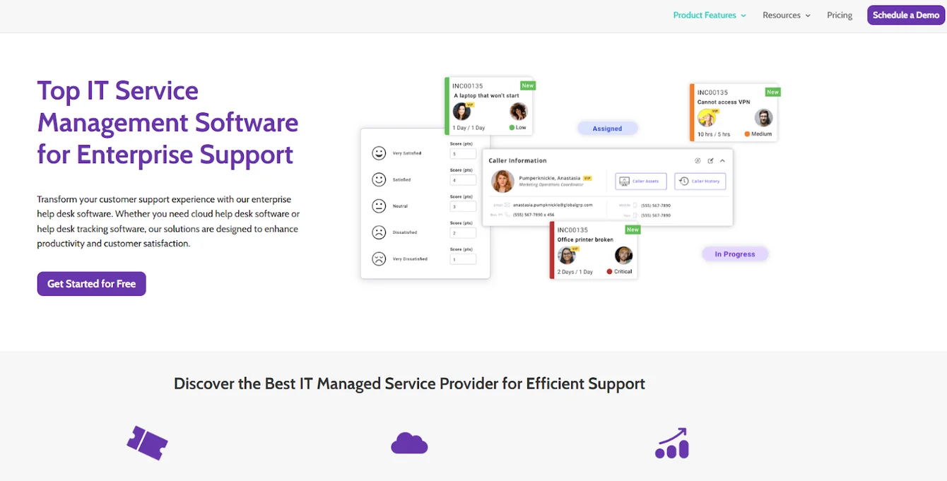 Startly homepage for IT service management software, showing ticket cards, a caller panel and a satisfaction score form