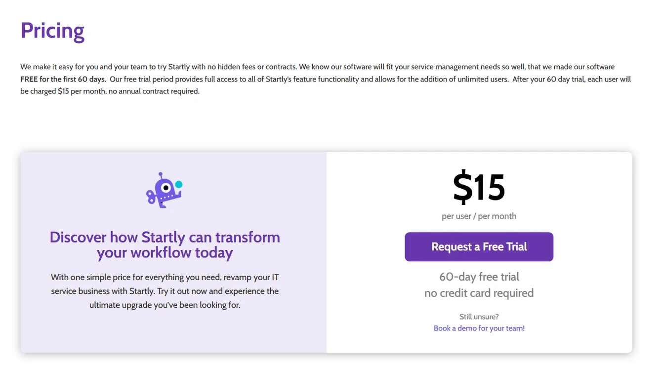 Startly pricing page showing $15 per user per month with a 60-day free trial and a Request a Free Trial button