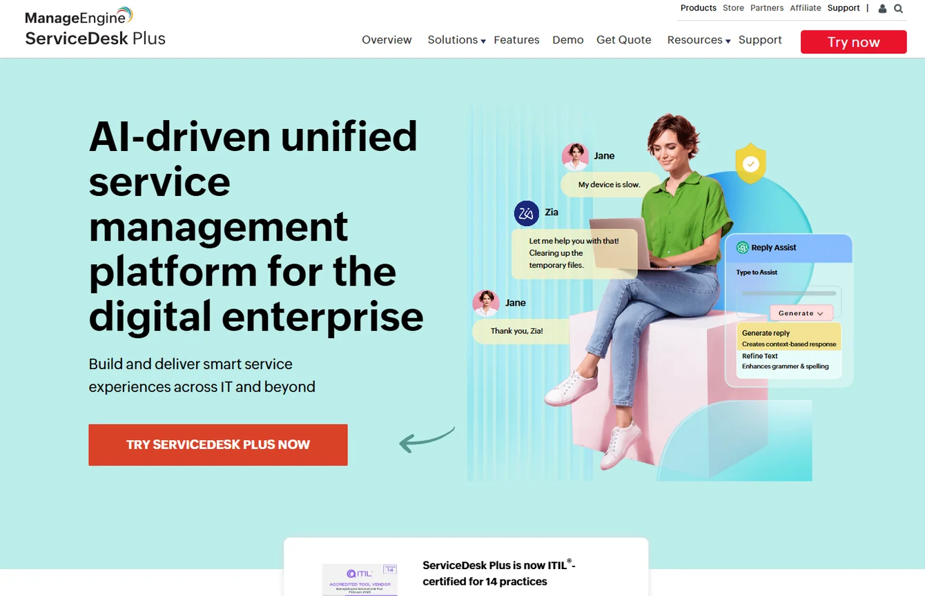 ManageEngine ServiceDesk Plus homepage promoting an AI-driven unified service management platform