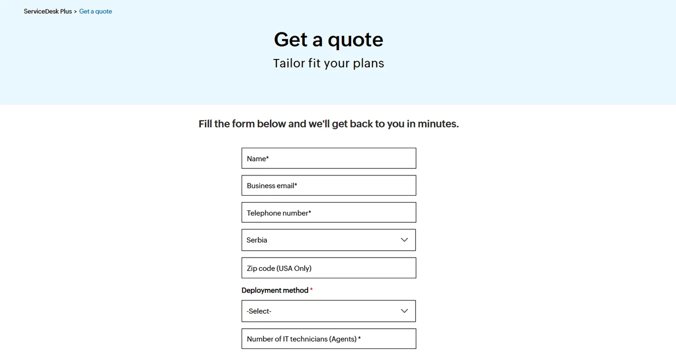 ServiceDesk Plus Get a quote page with a short form for name, email, phone, country and deployment method