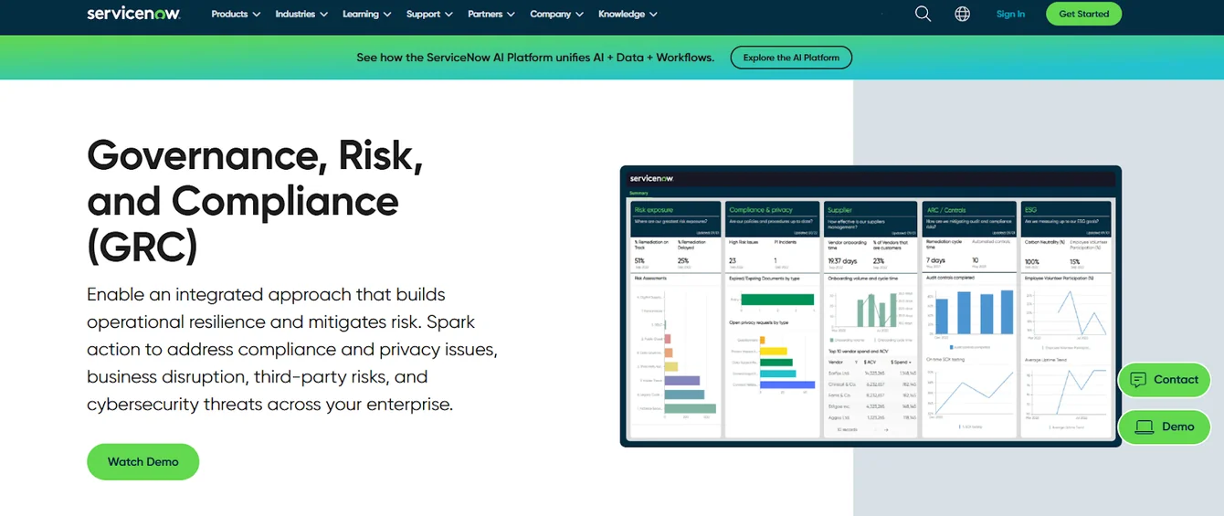 ServiceNow Governance, Risk, and Compliance page with a dashboard of risk exposure and compliance charts