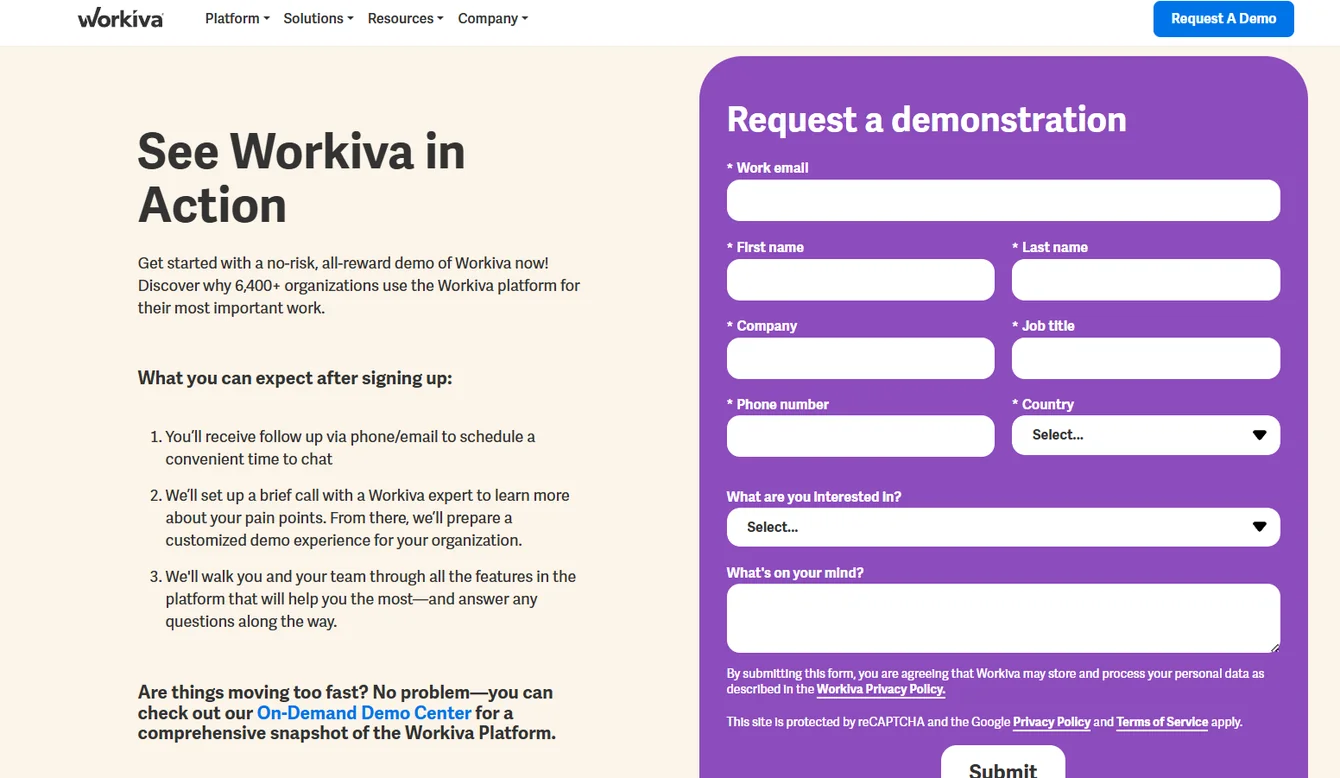 Workiva Request a demonstration page with a contact form and a three-step list of what to expect after signing up