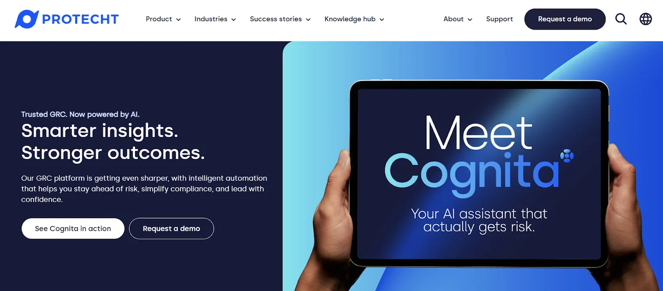 Protecht homepage announcing Cognita, an AI assistant for risk, shown on a tablet
