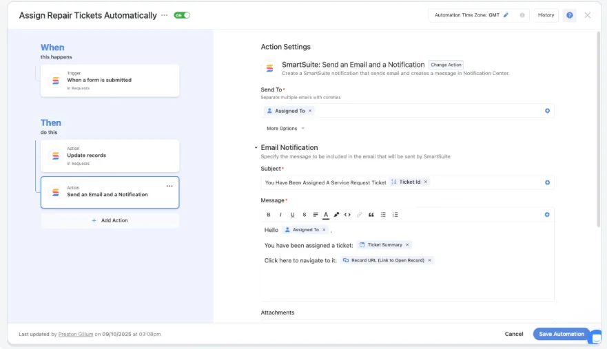 Screenshot: automation that updates records and sends an email notification when a repair request form is submitted