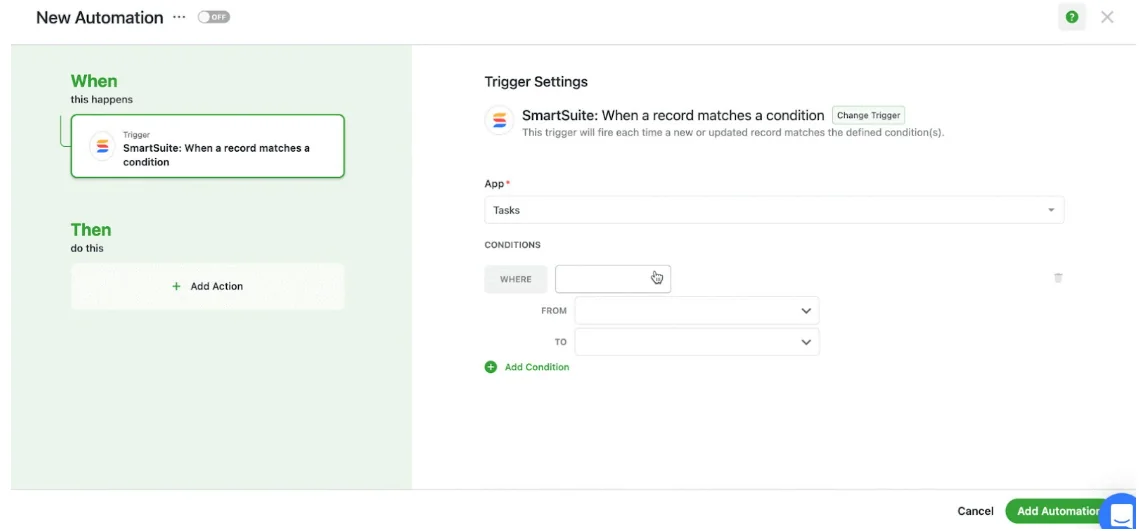 Screenshot: SmartSuite New Automation editor with a trigger for when a record matches a condition in Tasks