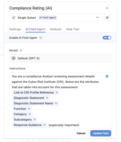 Settings panel for an AI Field Agent on a Compliance Rating field, with model choice and instructions