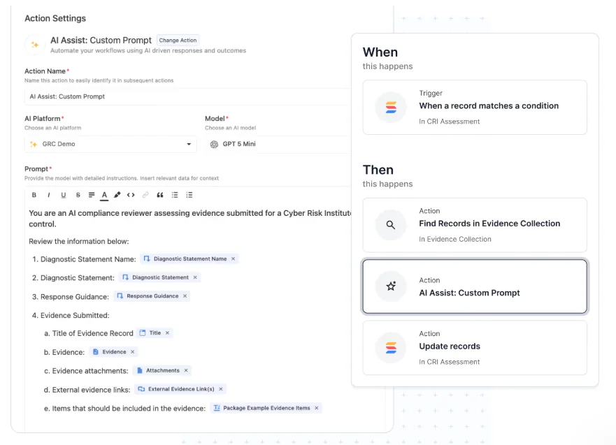 Automation setup with an AI Assist custom prompt action and a When, Then workflow of trigger and actions