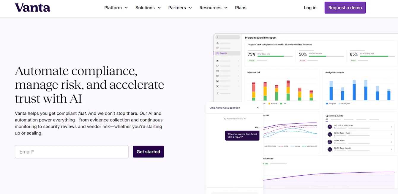 Vanta homepage headline about automating compliance and managing risk, with a program overview dashboard preview