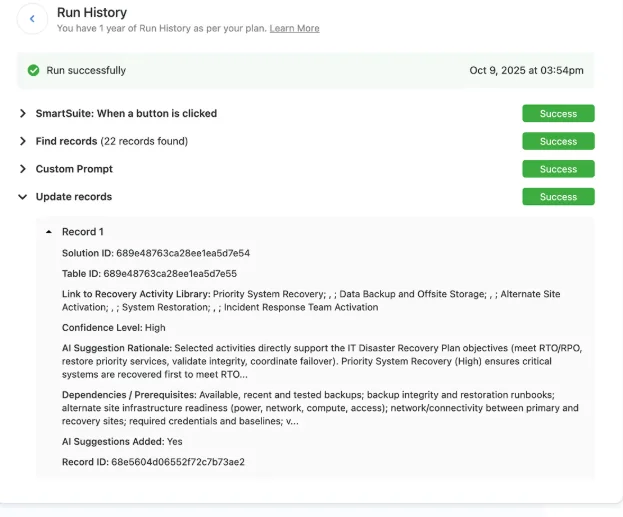 Screenshot: SmartSuite automation run history showing successful steps and an Update records step with AI suggestions