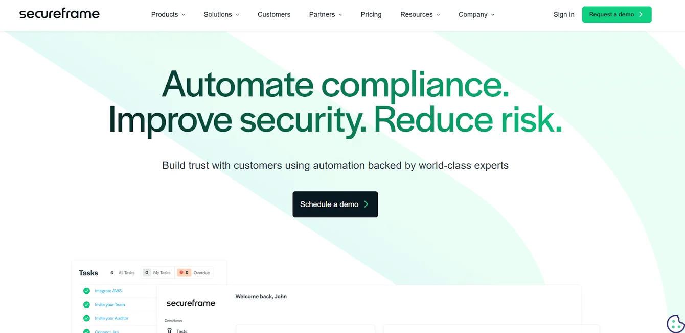Secureframe homepage with headline Automate compliance. Improve security. Reduce risk. and a Schedule a demo button