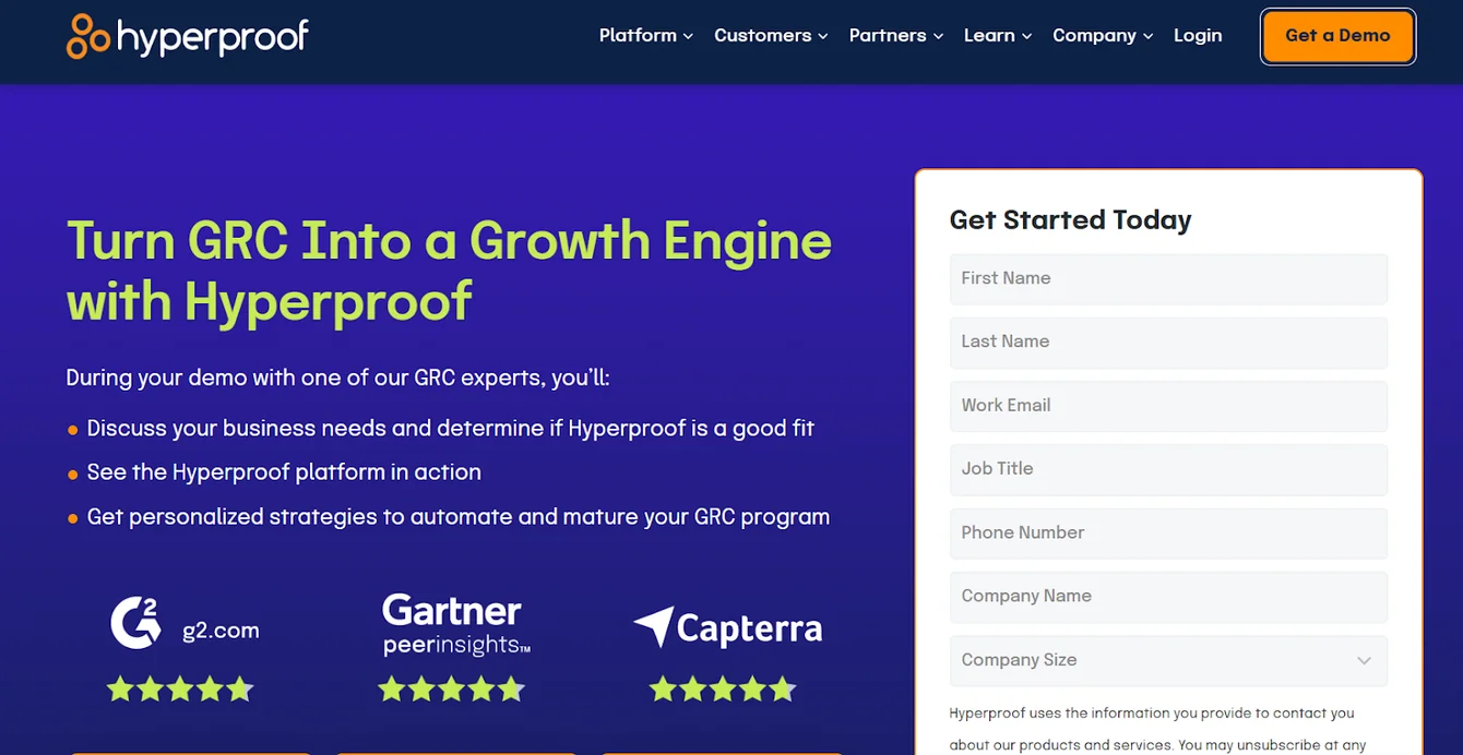 Hyperproof demo request page with a Get Started Today form and G2, Gartner Peer Insights and Capterra ratings