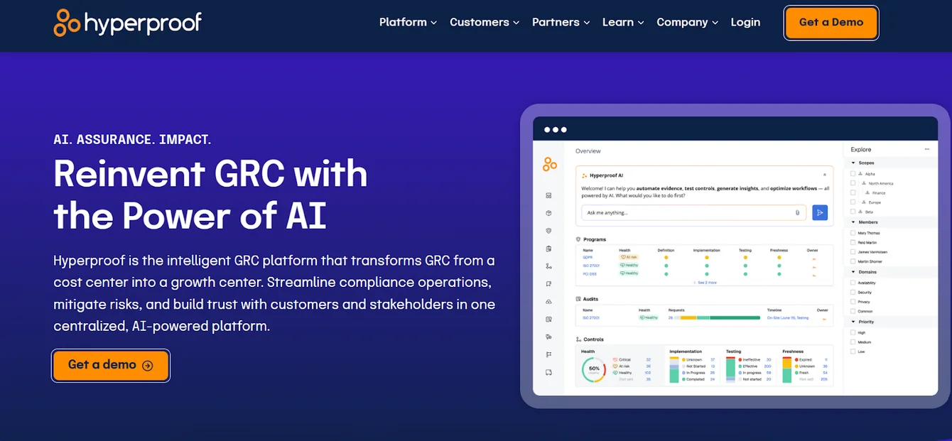 Hyperproof homepage headline Reinvent GRC with the Power of AI, with a platform dashboard preview and demo button