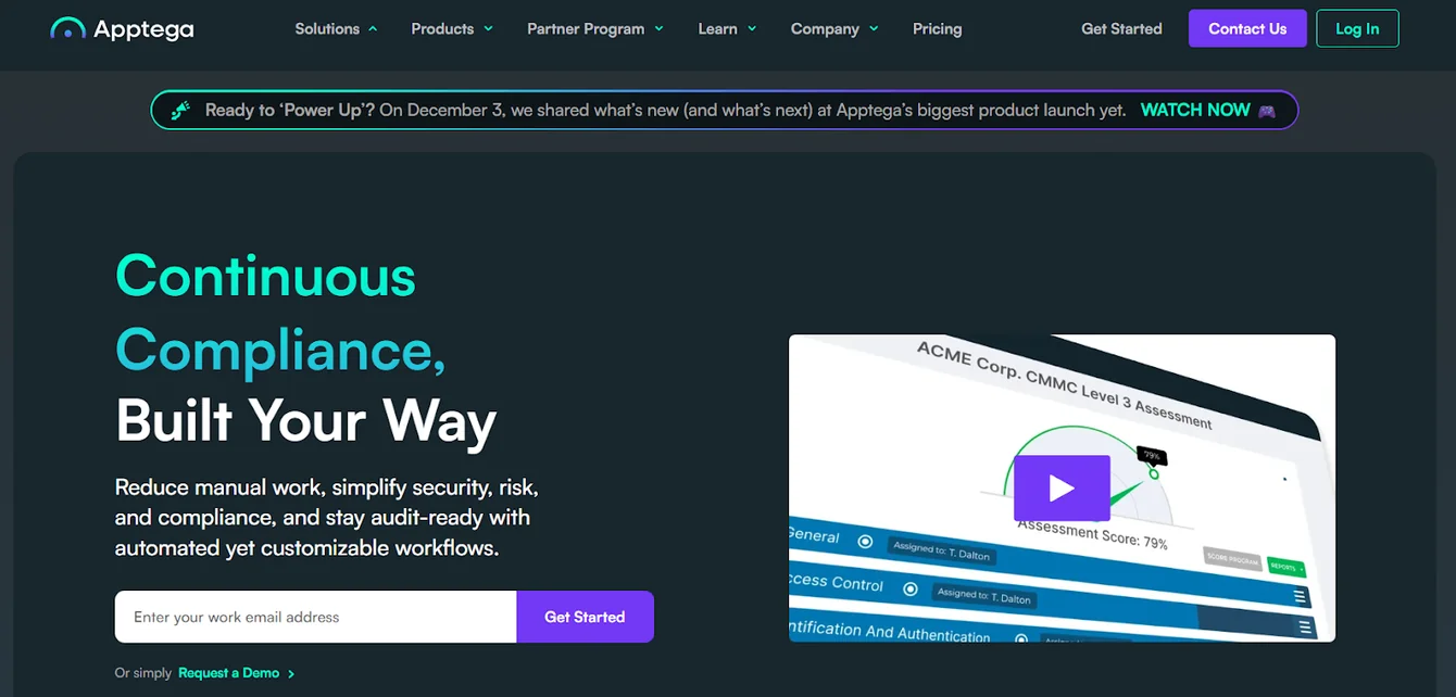Apptega homepage with headline Continuous Compliance, Built Your Way and a Get Started email form