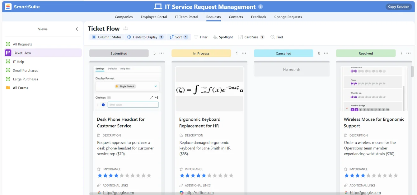 Screenshot: Unified ITSM workspace to manage critical IT processes in SmartSuite