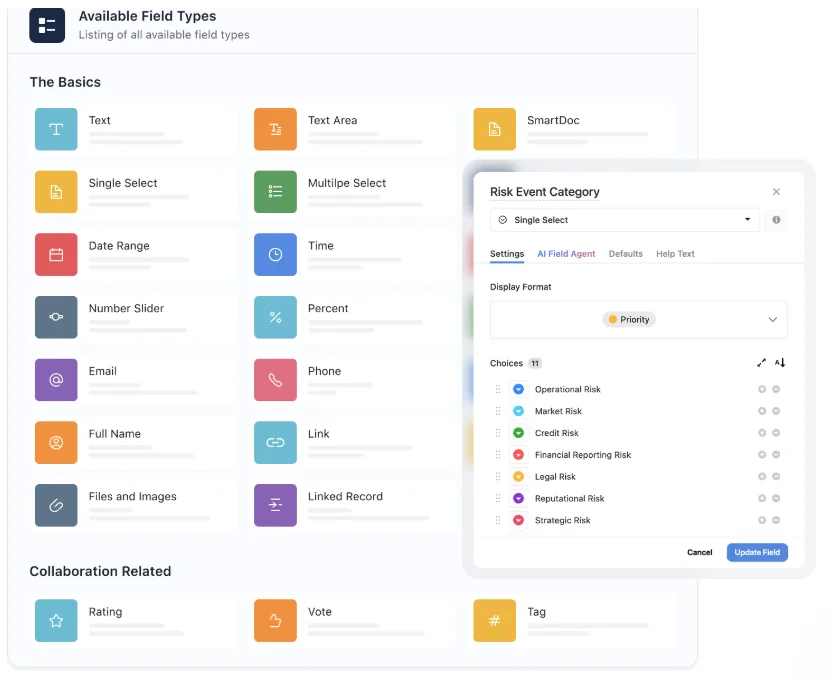 SmartSuite Available Field Types list beside a Single Select field settings panel with risk event categories