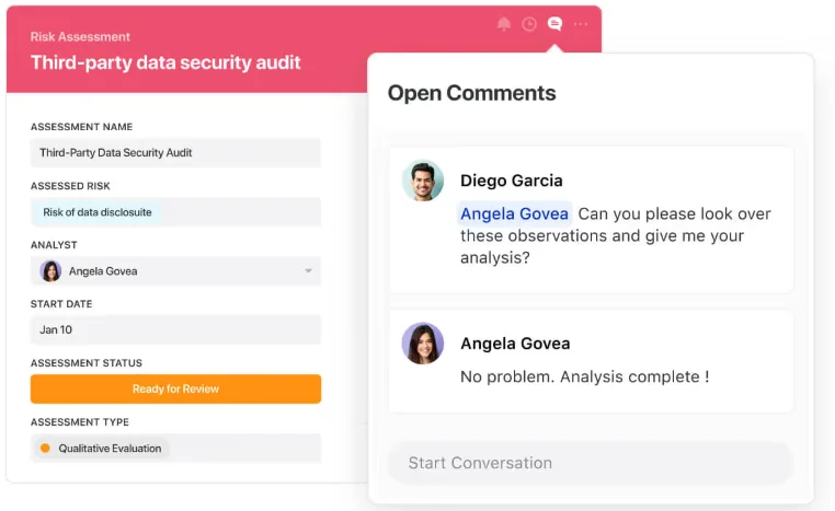 Risk assessment record for a third-party data security audit with an open comments panel between two analysts