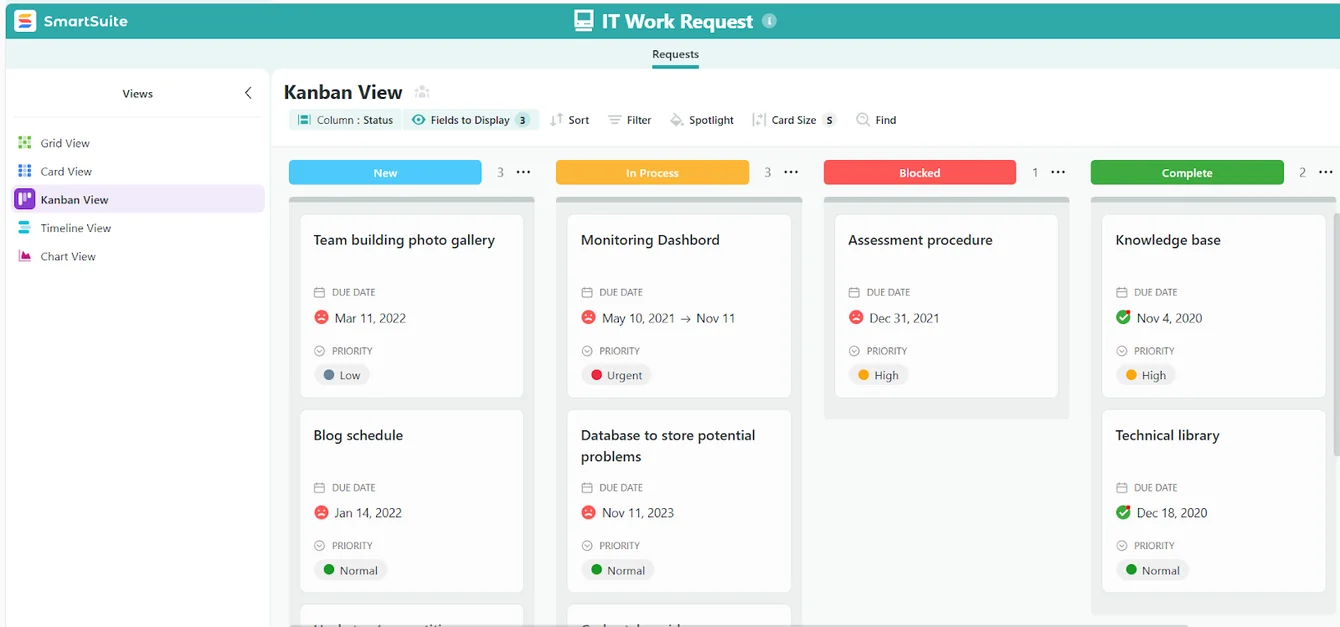 SmartSuite IT Work Request solution in Kanban view with cards grouped by New, In Process, Blocked and Complete status