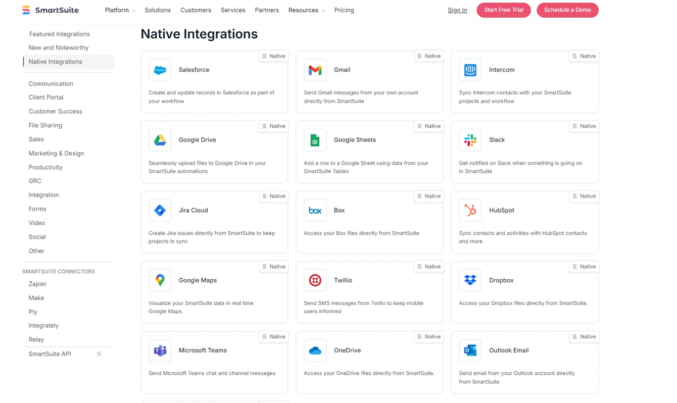 Screenshot: SmartSuite native integrations directory showing Salesforce, Gmail, Slack, Google Drive, Jira Cloud and more