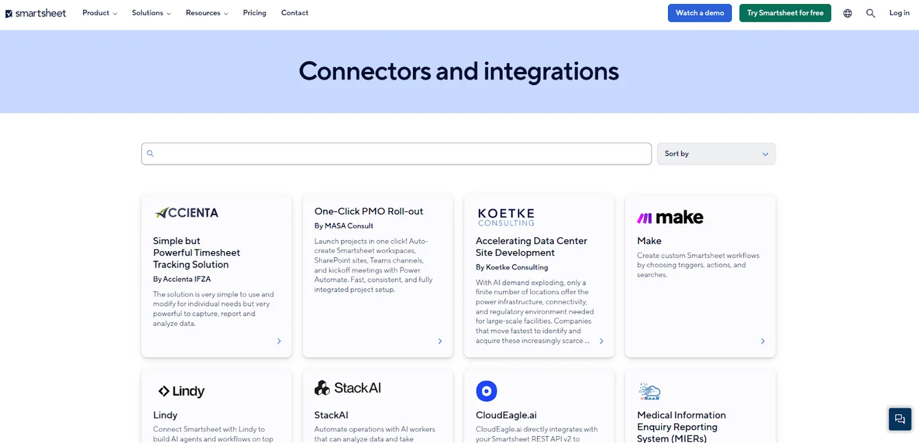 Smartsheet connectors and integrations page with a search box and partner integration cards