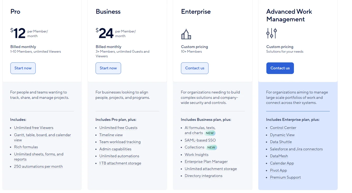 Smartsheet pricing plans: Pro $12, Business $24, Enterprise and Advanced Work Management on custom pricing
