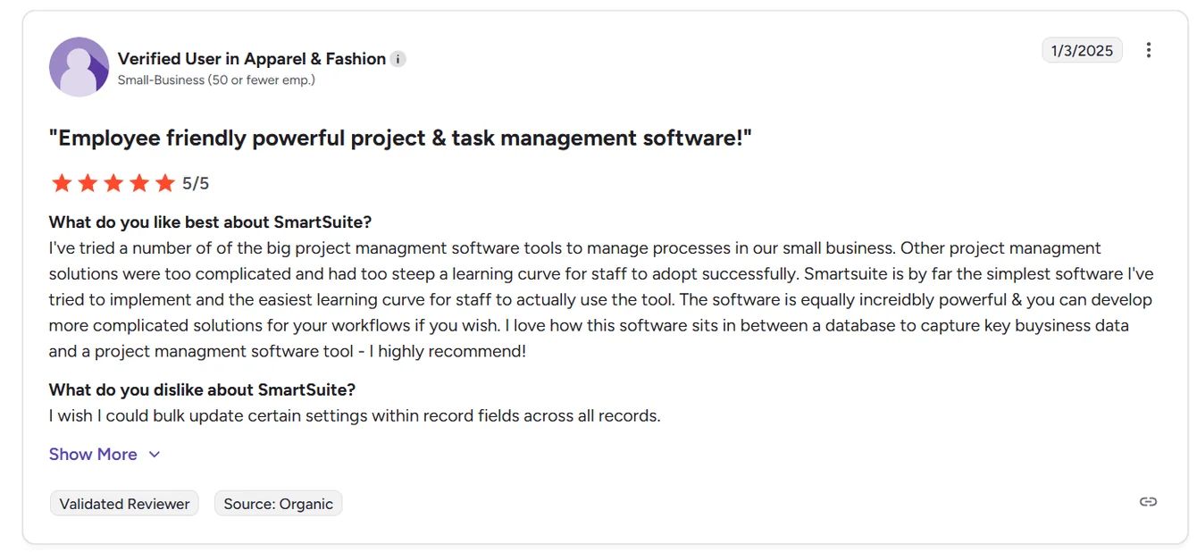 Five-star user review calling a project tool easy to learn yet powerful, wishing for bulk updates of record fields