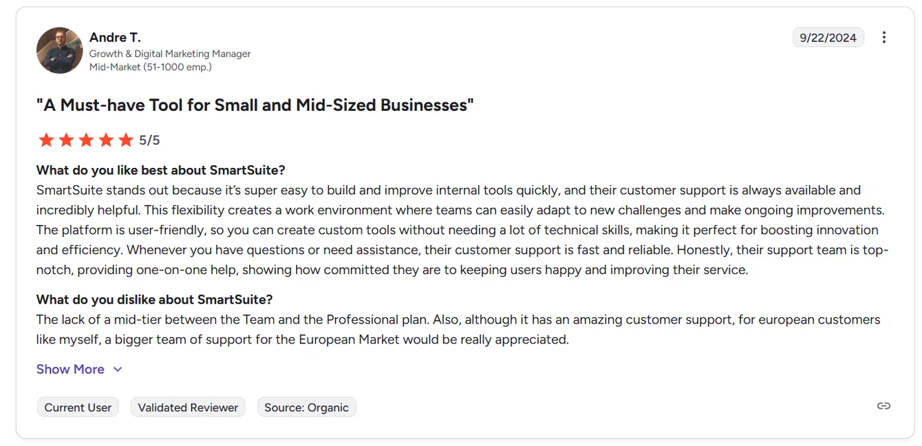 G2 review of SmartSuite rated 5 out of 5 praising support, noting no mid-tier between Team and Professional plans