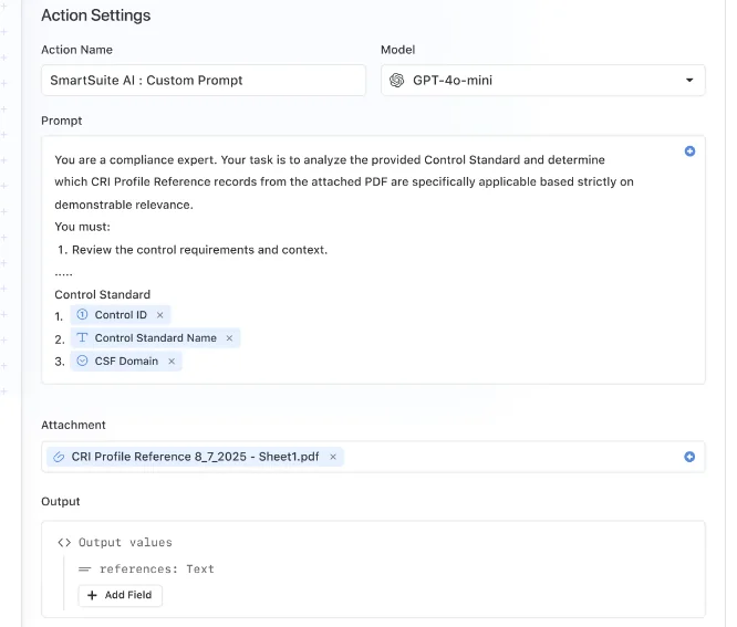Automation action settings with a custom AI prompt for a compliance task, a PDF attachment and a text output field