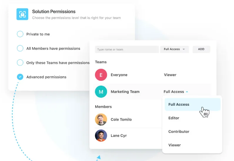 Solution permissions panel with access levels and a team role dropdown offering Full Access, Editor, Contributor and Viewer