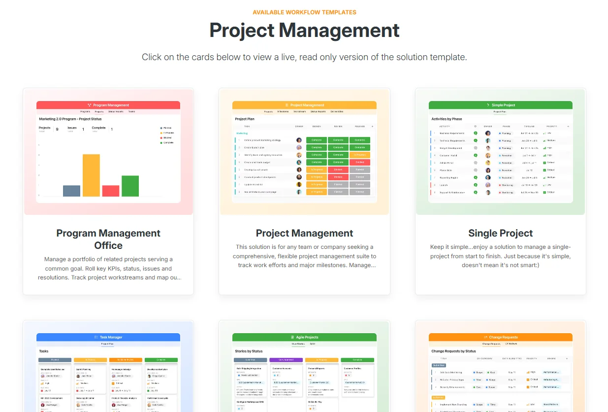 Project Management workflow template gallery with cards for program, project, single project, task manager and agile