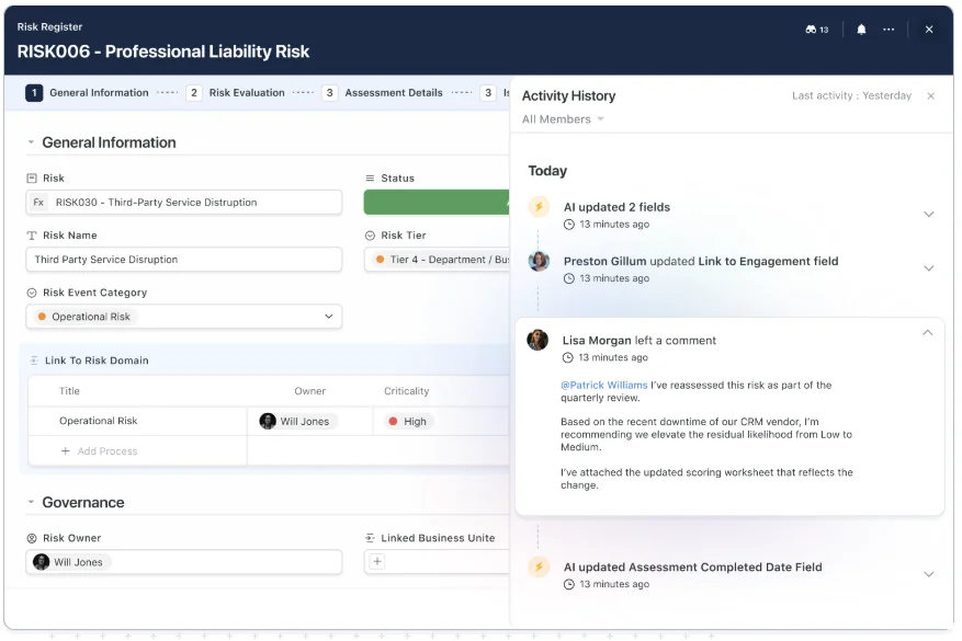 Risk register record with an activity history panel showing AI field updates and a team member comment
