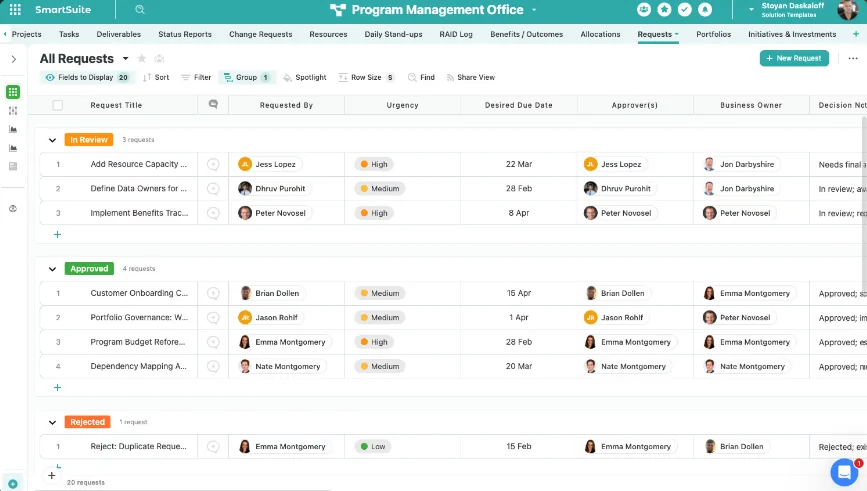 Screenshot: Unified work platform with built-in and customizable solutions in SmartSuite