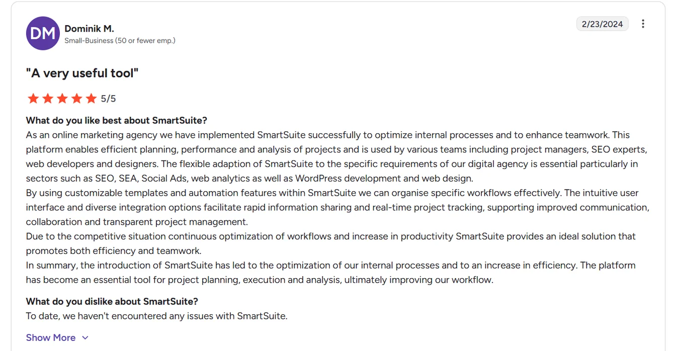 Screenshot: SmartSuite reviews