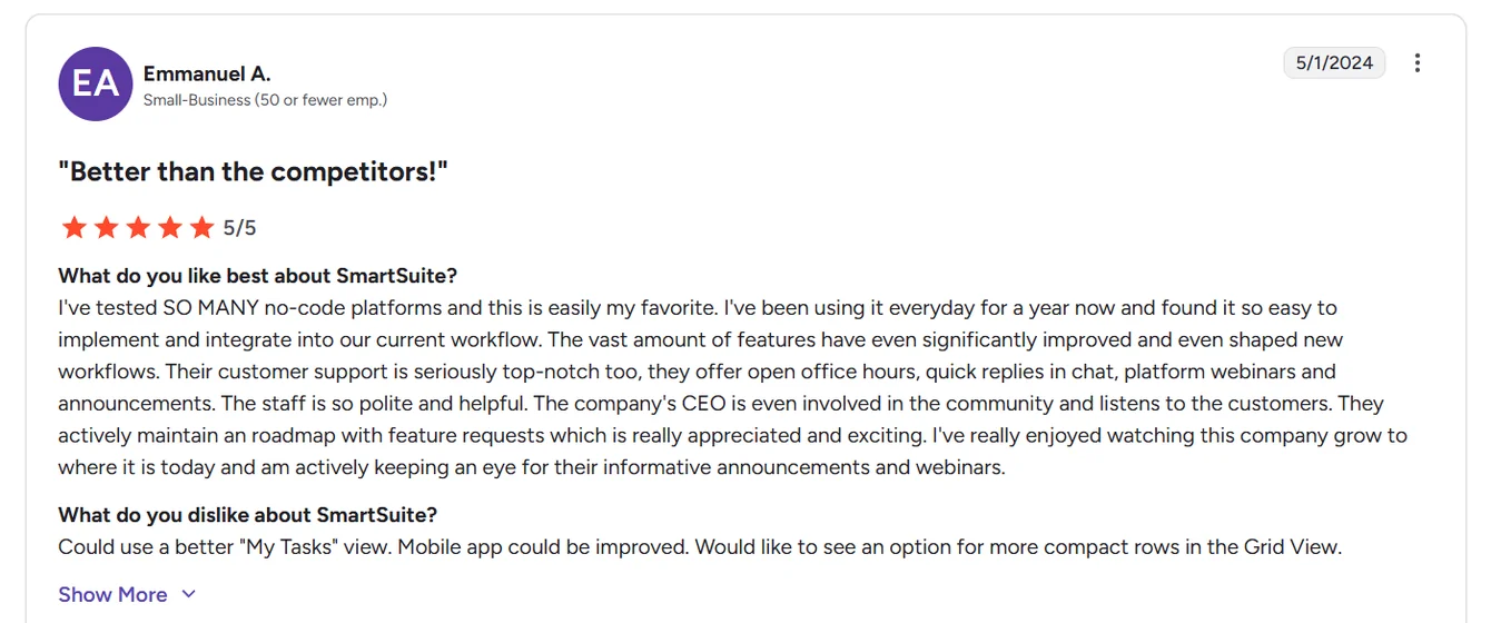 Screenshot: SmartSuite reviews