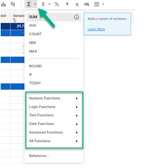 Spreadsheet toolbar formula menu open, listing SUM, AVG, COUNT and function groups like Numeric, Logic and Text