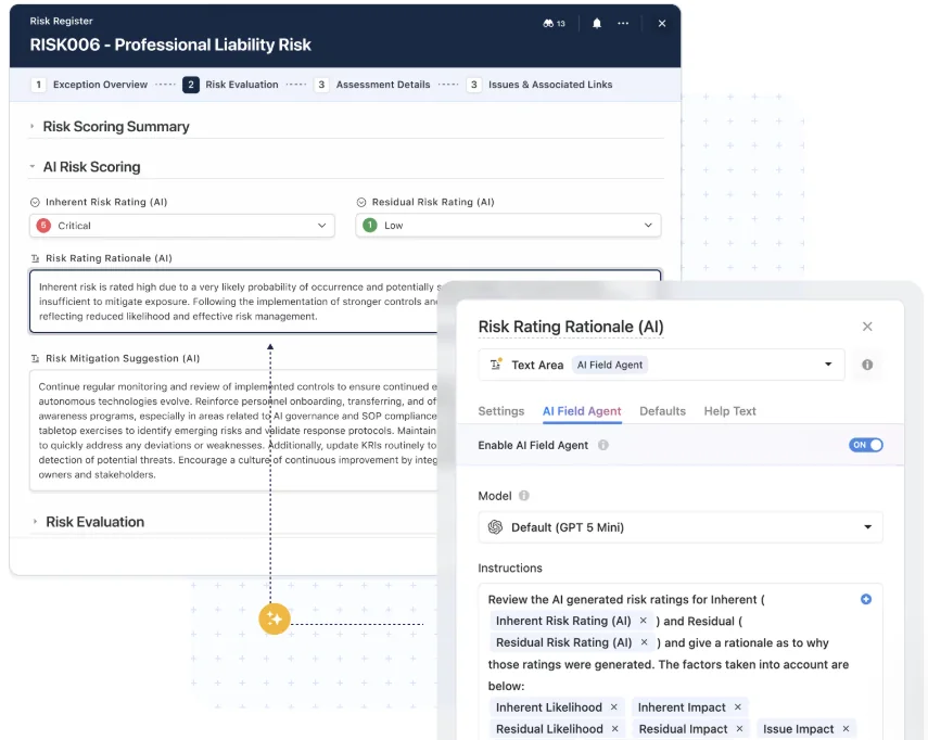Risk register record with AI-scored risk ratings next to the AI Field Agent settings panel for a rationale field