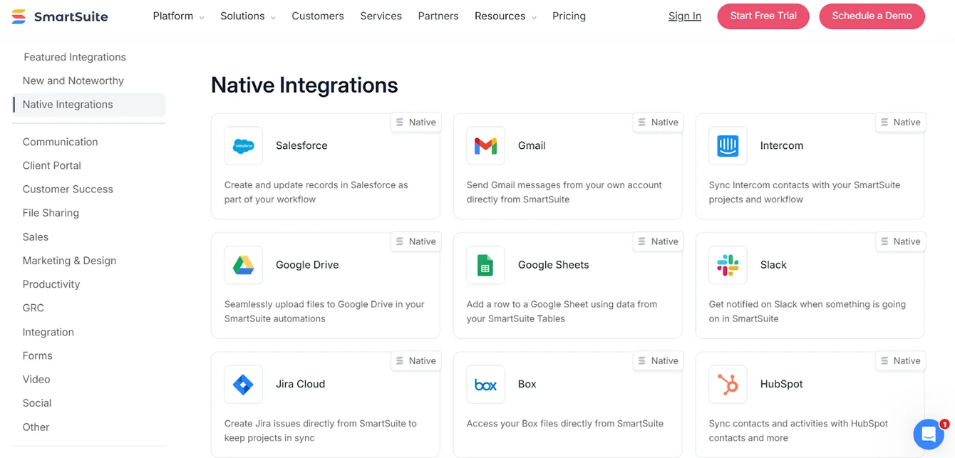 SmartSuite Native Integrations page listing Salesforce, Gmail, Intercom, Google Drive, Sheets, Slack, Jira, Box and HubSpot