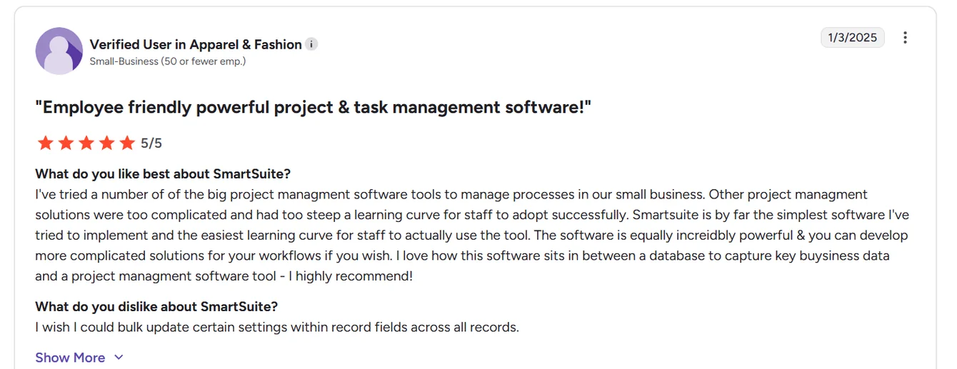 Screenshot: SmartSuite reviews