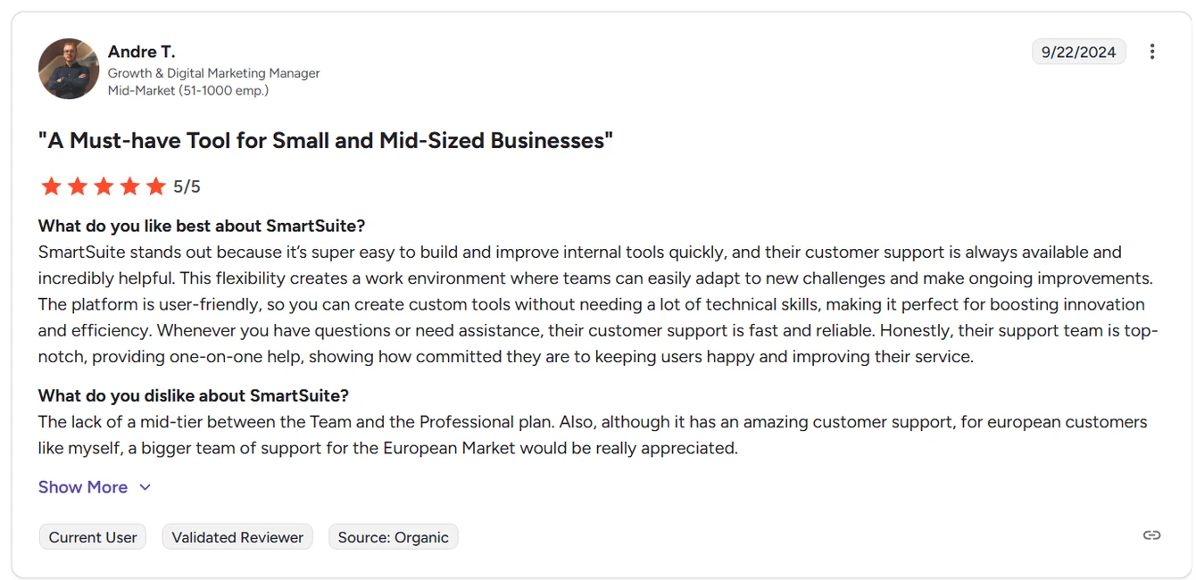 Screenshot: SmartSuite reviews