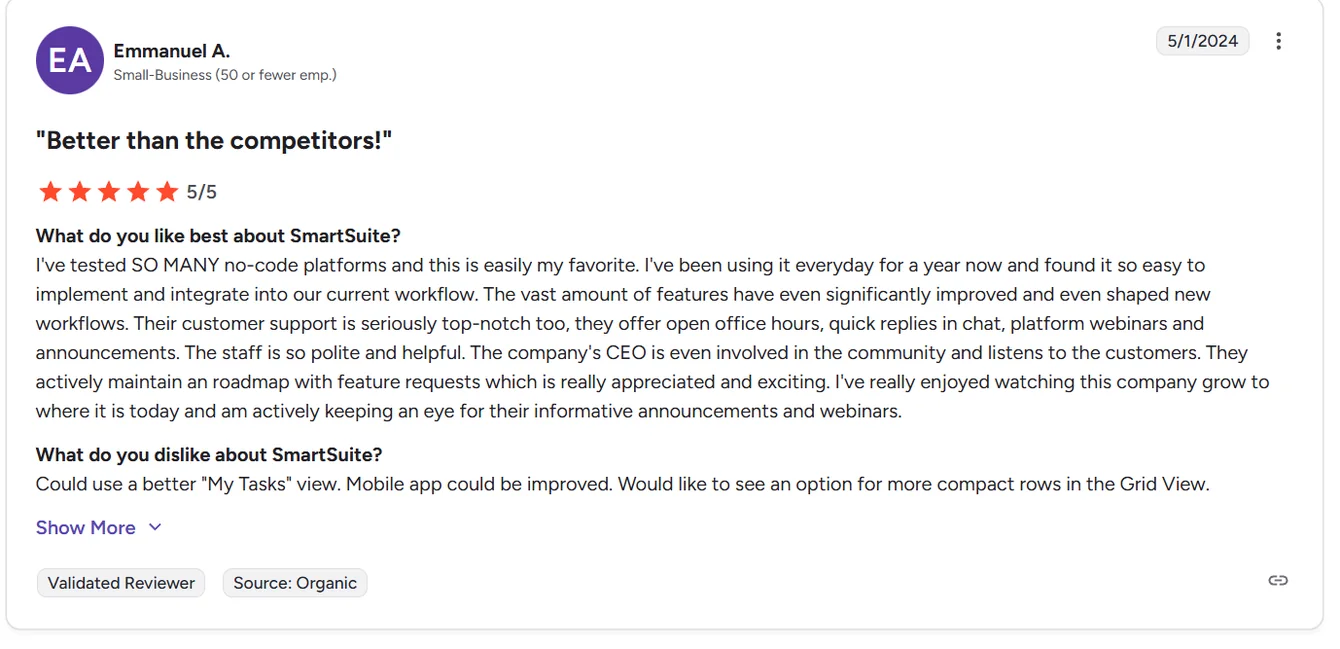 Screenshot: SmartSuite reviews