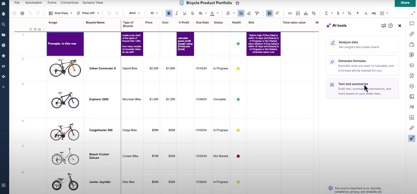 Spreadsheet of bicycle products with an AI tools panel offering Analyze data, Generate formulas and Text and summaries